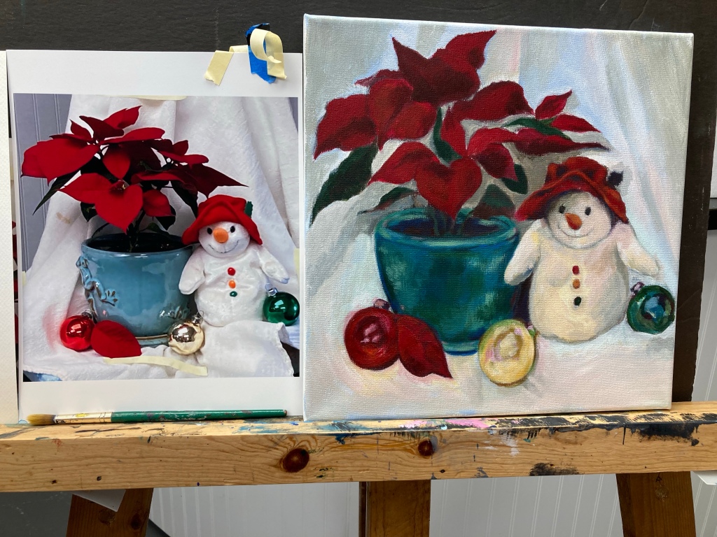 Still life with snowman and poinsettia, unfinished acrylic painting