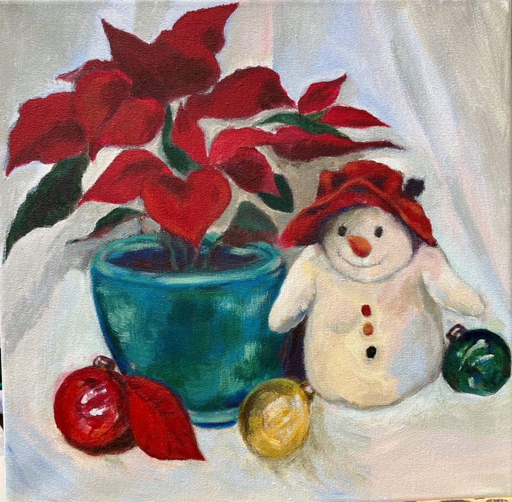Acrylic painting of a toy snowman and a poinsettia plant