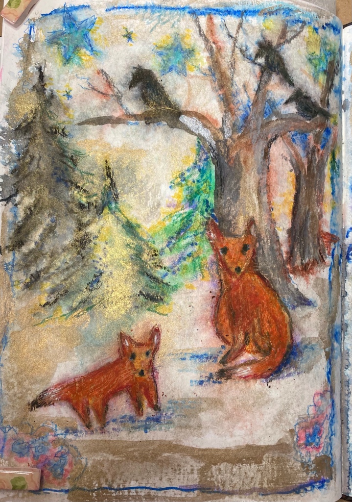 Red foxes in the woods, painting