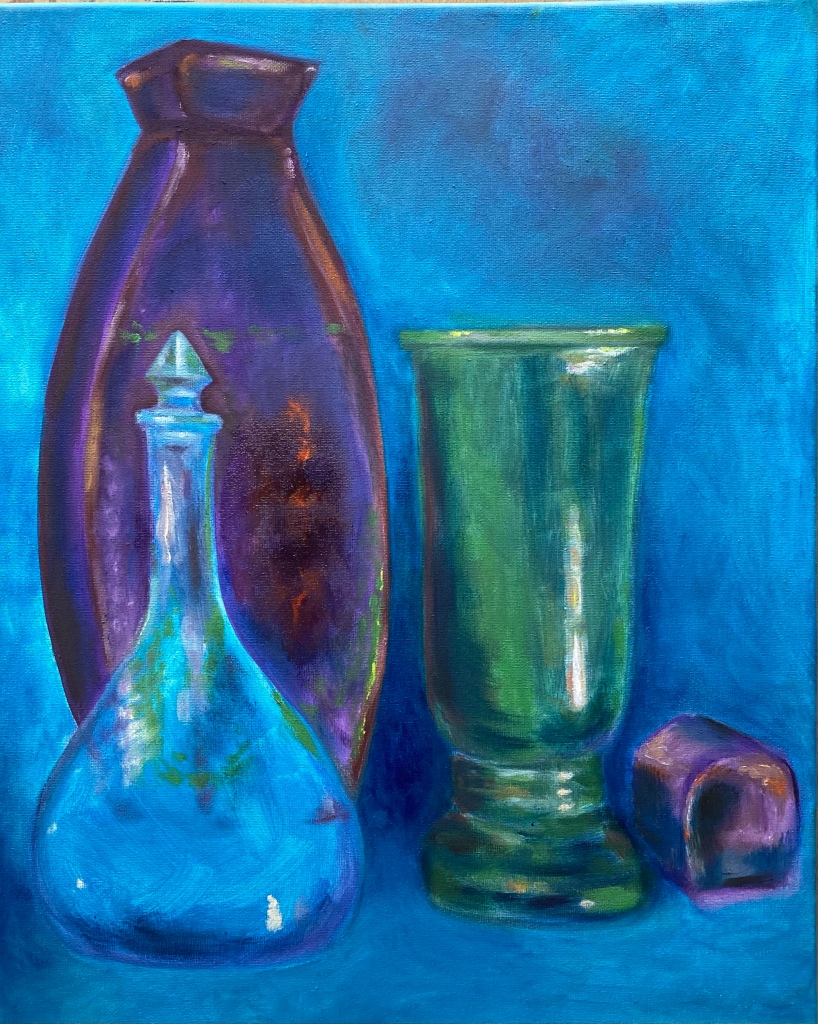 Oil painting of glass bottles